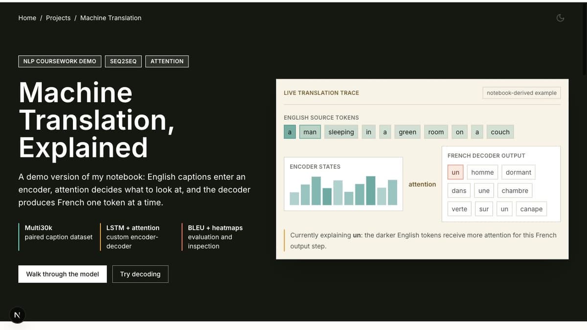 Interactive machine translation demo showing source tokens, encoder states, and French decoder output