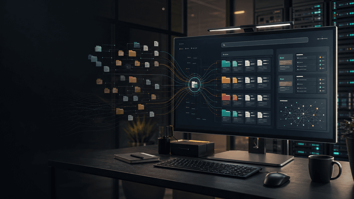 A dark knowledge retrieval interface with connected documents and search results